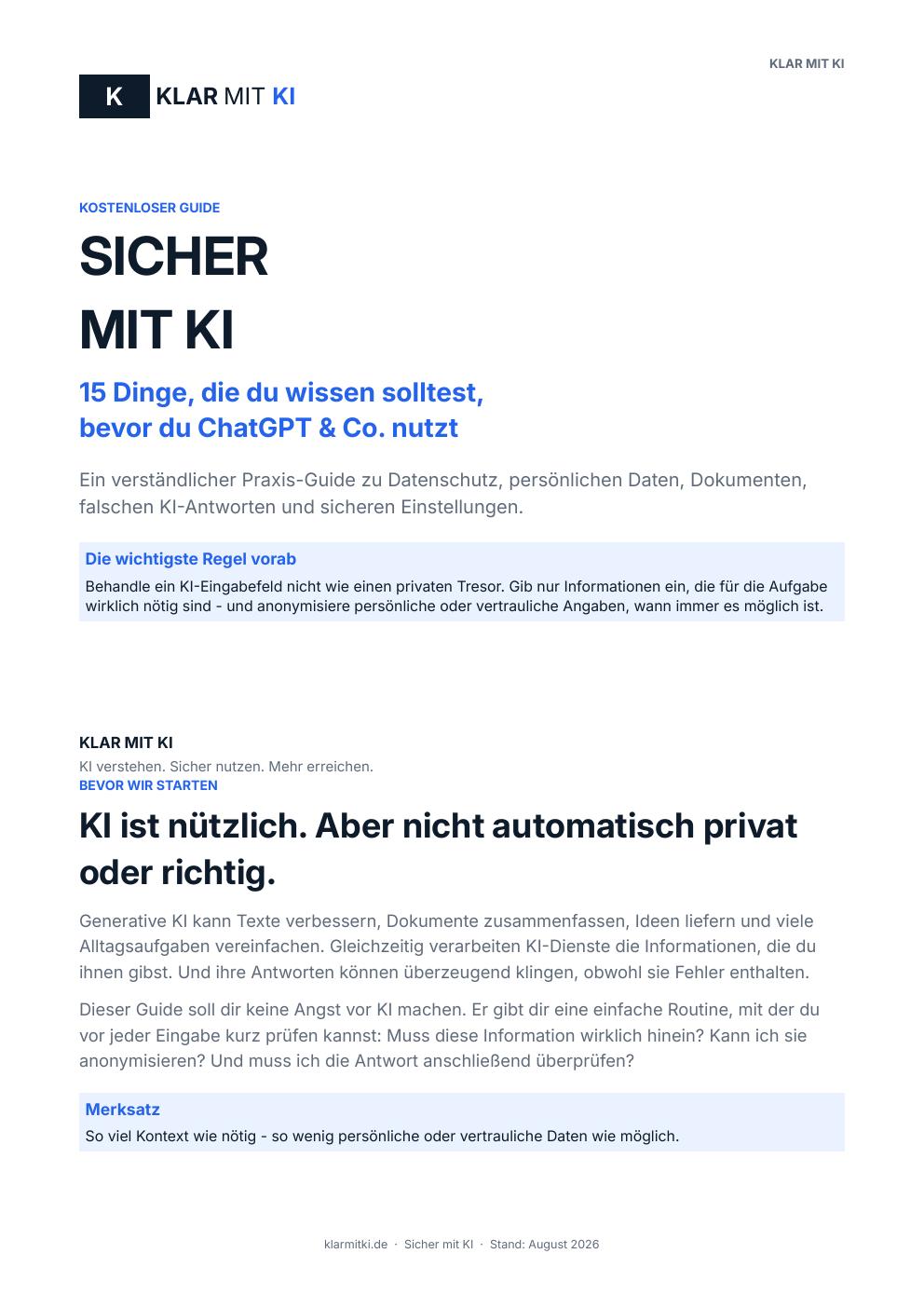 Cover des kostenlosen PDF-Guides „Sicher mit KI“ von Klar mit KI